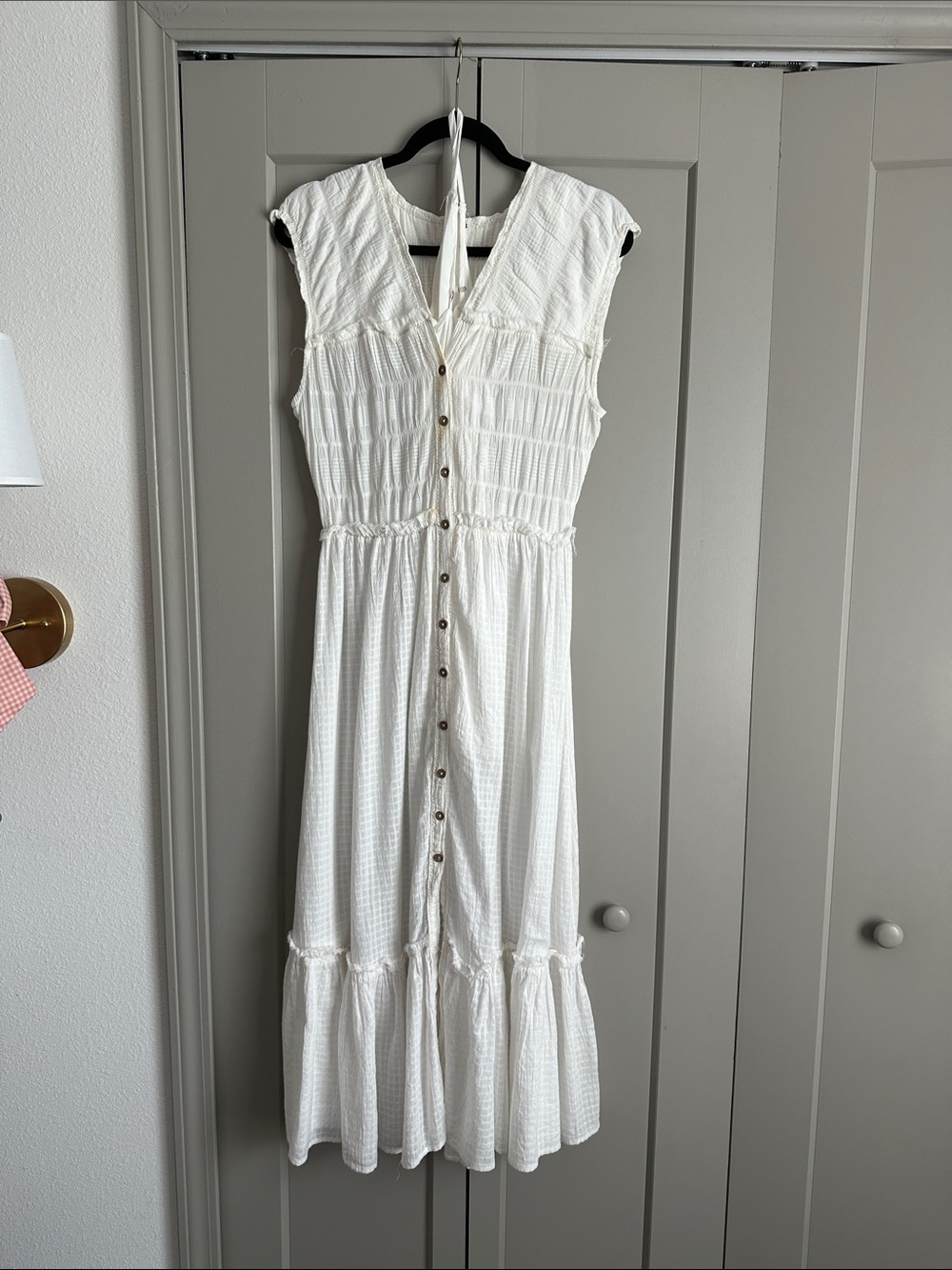 Free People White Button-Front Midi Dress with Tiered Hem